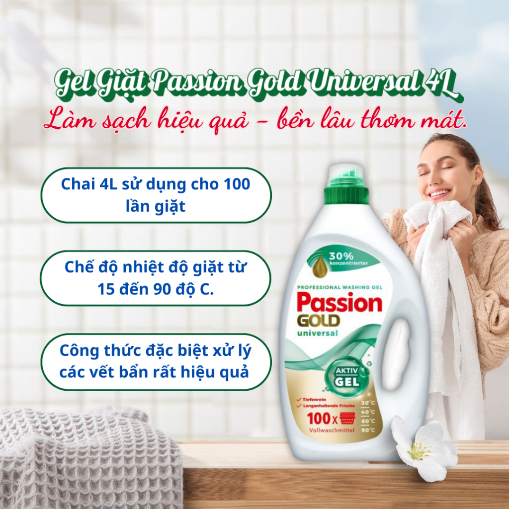 Nước Giặt Passion Gold 4 Lít Hương Hoa Cho Máy Giặt Cửa Ngang/Trước Nhập Khẩu Châu Âu