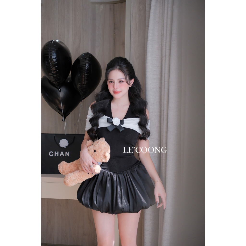 Ảnh Váy Tiểu Thư Dáng Ngắn Trễ Vai Đính Nơ LECOONG V672  Đầm Đẹp Sang Chảnh 3