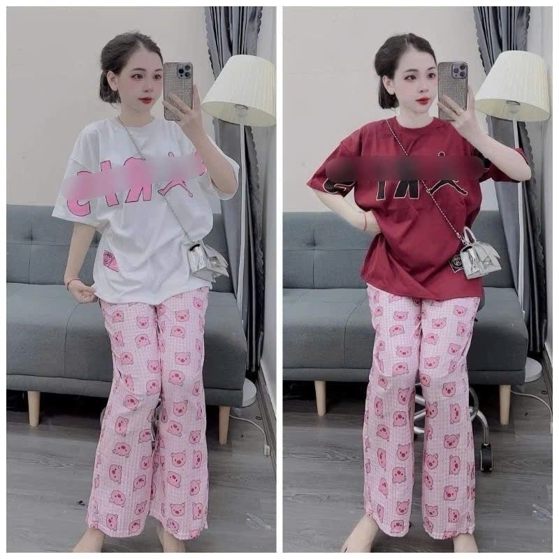 Sét quần ống suông họa tiết heo hồng + mix áo phông form rộng chữ PARI