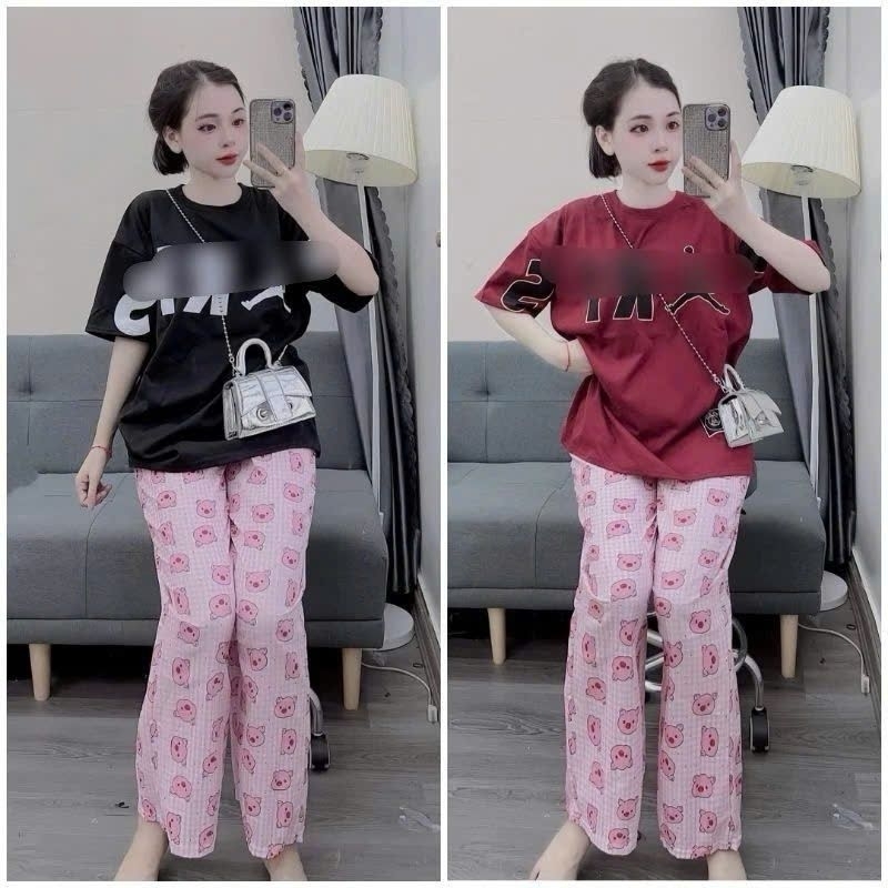 Sét quần ống suông họa tiết heo hồng + mix áo phông form rộng chữ PARI