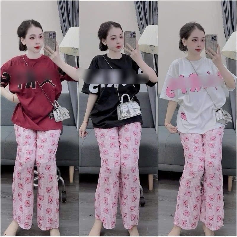 Sét quần ống suông họa tiết heo hồng + mix áo phông form rộng chữ PARI