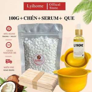 COMBO CƠ BẢN, 100g sáp wax lông sữa dừa lyihome, chất dẻo thơm bám lông tốt, kèm chén silicon, serum
