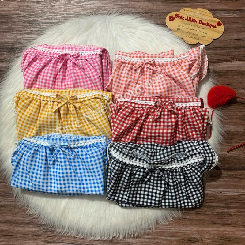 Bộ lửng lụa hàn phối ren caro quần không túi phom dưới 40-70kg - B86