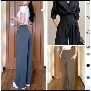 Quần tây ống rộng dáng suông (chất gold nhật) cạp cao lưng liền khóa sườn tôn eo tôn dáng