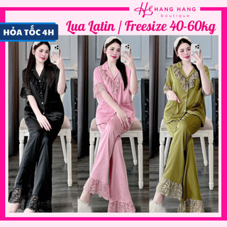 Đồ ngủ nữ 40-60kg, pijama dài cộc tay ngắn cổ ren bèo lụa latin mịn mát 60CD21, đồ bộ nữ đồ mặc nhà tiểu thư trơn sang