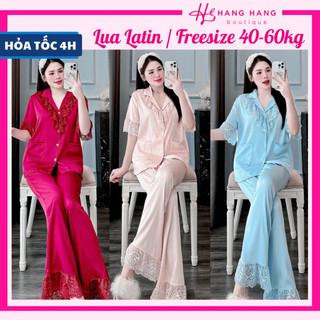 Đồ ngủ nữ 40-60kg, pijama dài cộc tay ngắn cổ ren bèo lụa latin mịn mát 60CD21, đồ bộ nữ đồ mặc nhà tiểu thư trơn sang