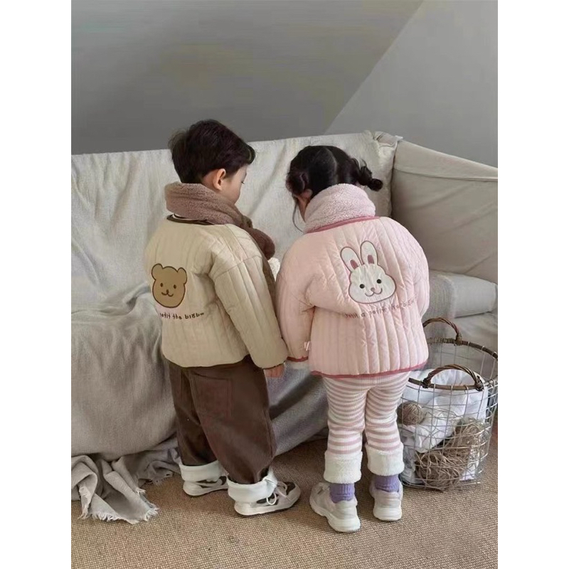 (SẴN 80,110) Áo khoác + khăn phao mỏng lông mịn mặc được 2 mặt hoạ tiết gấu/ thỏ dành cho bé trai, bé gái