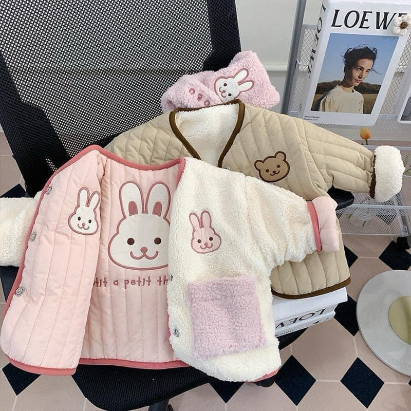 (SẴN 80,110) Áo khoác + khăn phao mỏng lông mịn mặc được 2 mặt hoạ tiết gấu/ thỏ dành cho bé trai, bé gái