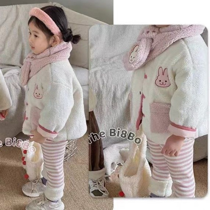 (SẴN 80,110) Áo khoác + khăn phao mỏng lông mịn mặc được 2 mặt hoạ tiết gấu/ thỏ dành cho bé trai, bé gái