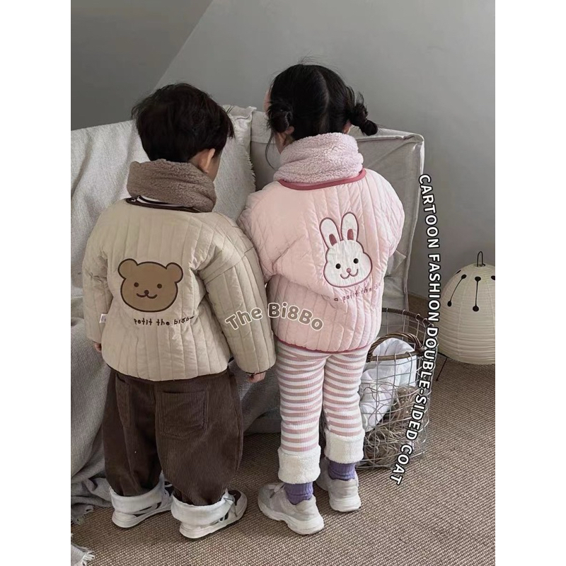 (SẴN 80,110) Áo khoác + khăn phao mỏng lông mịn mặc được 2 mặt hoạ tiết gấu/ thỏ dành cho bé trai, bé gái