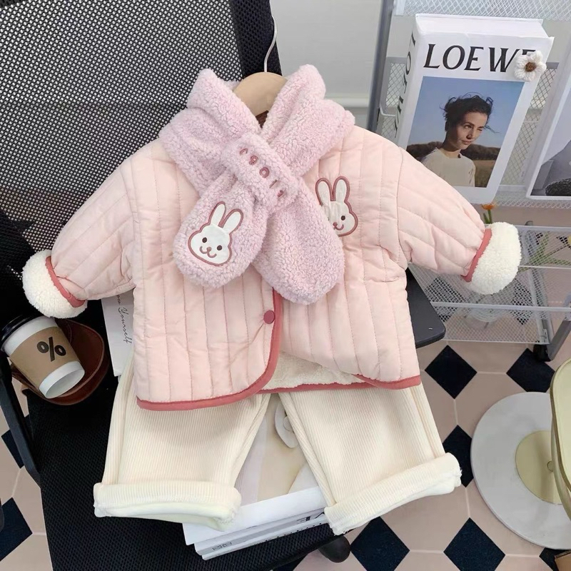 (SẴN 80,110) Áo khoác + khăn phao mỏng lông mịn mặc được 2 mặt hoạ tiết gấu/ thỏ dành cho bé trai, bé gái