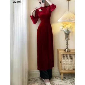 Aó dài nhung truyền thống dài tay cổ trụ A2493