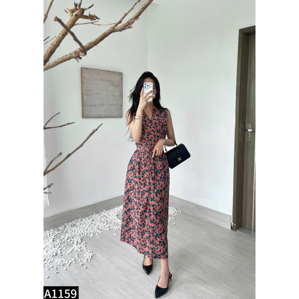 Đầm sát nách linen phối cúc bọc kèm belt 4 màu