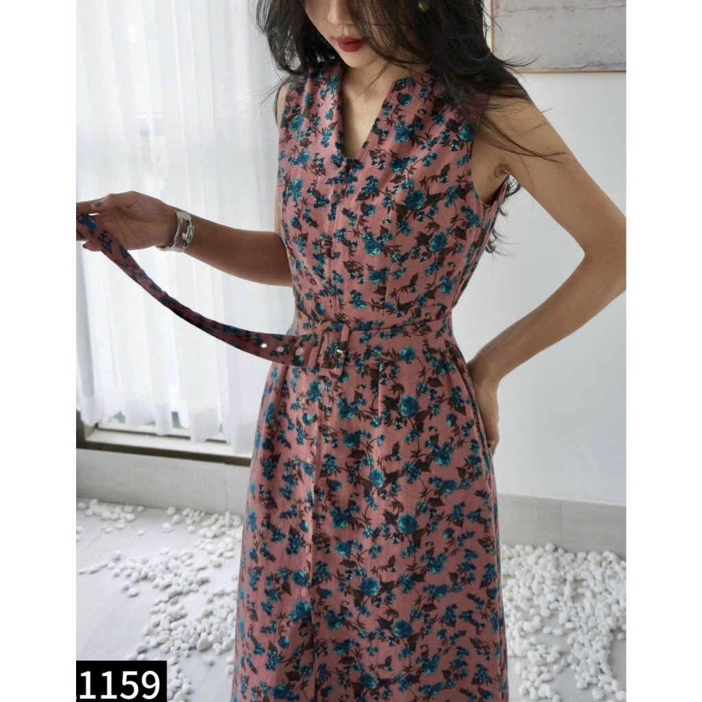 Đầm sát nách linen phối cúc bọc kèm belt 4 màu
