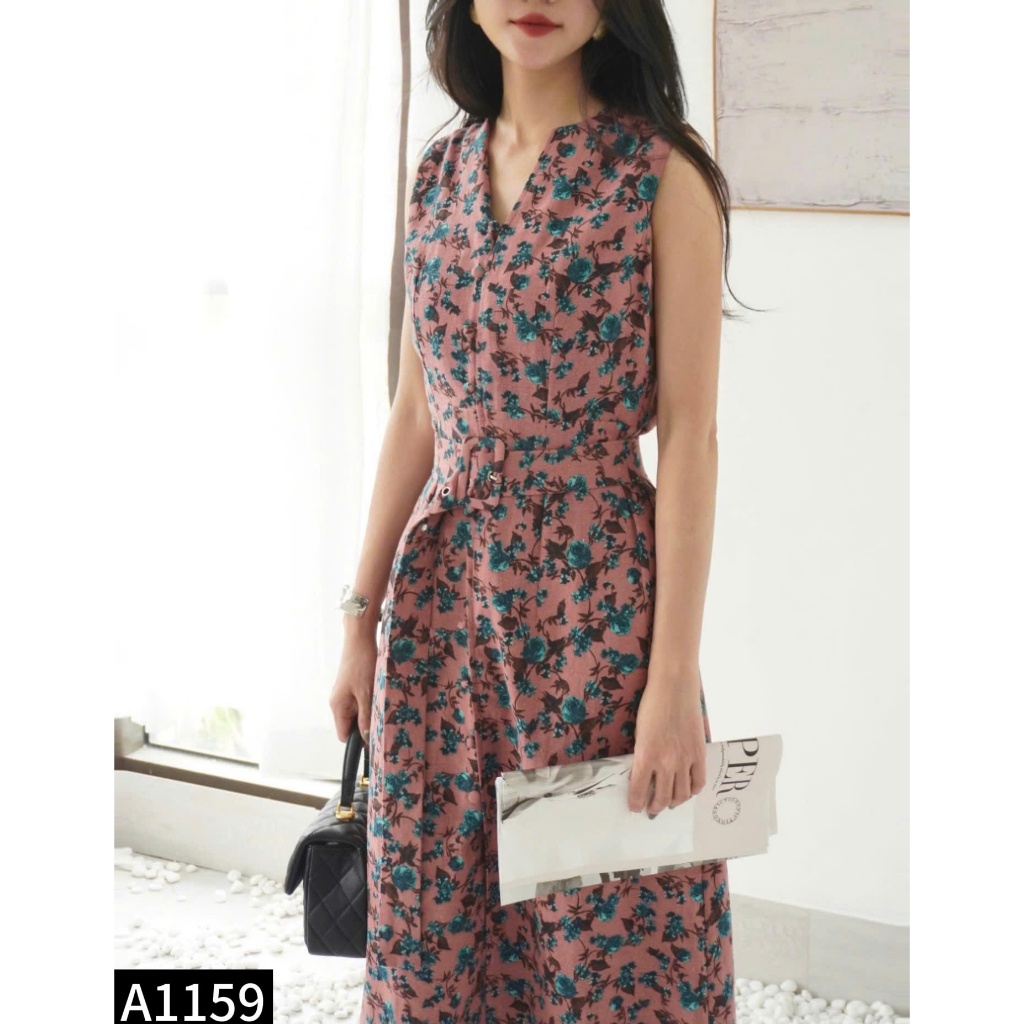 Đầm sát nách linen phối cúc bọc kèm belt 4 màu