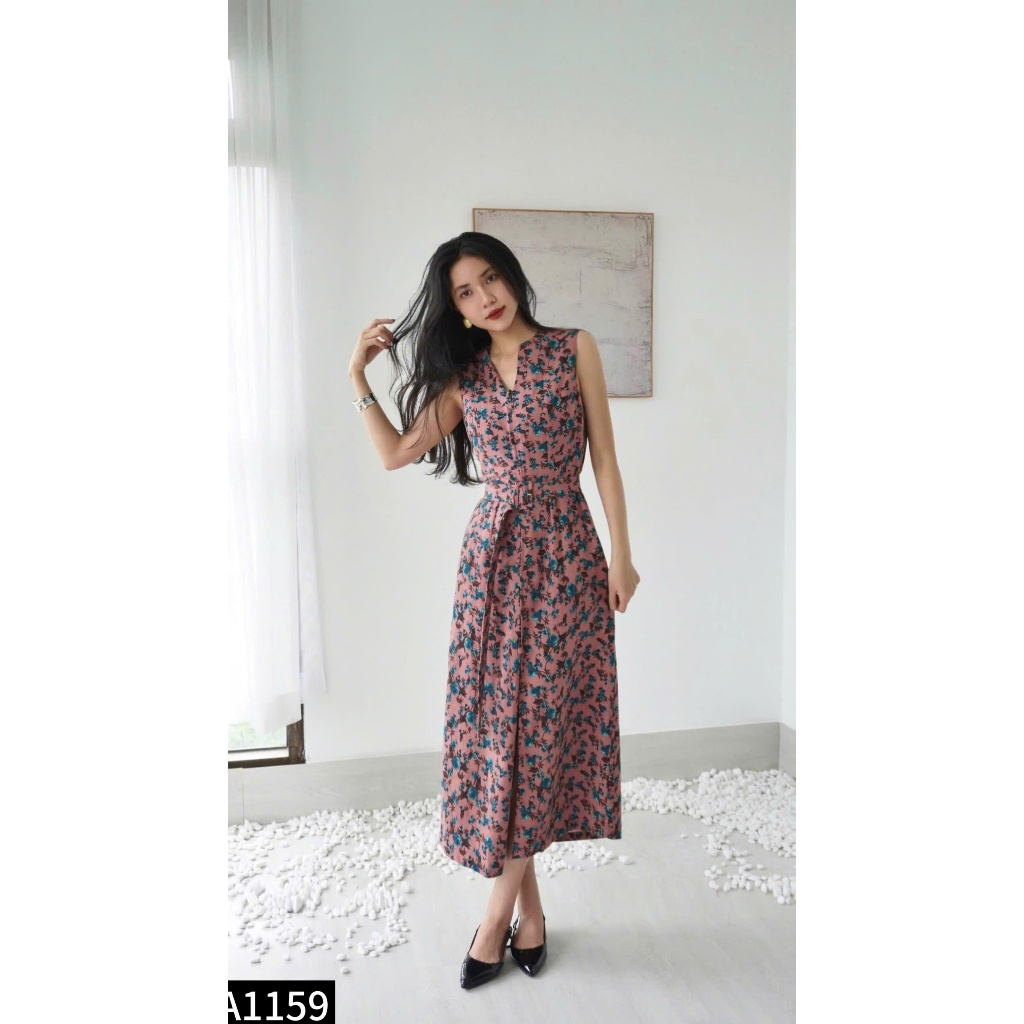 Đầm sát nách linen phối cúc bọc kèm belt 4 màu