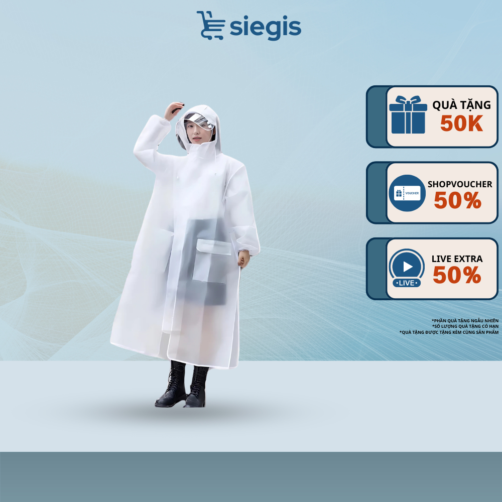 Áo Mưa Trong Suốt SIEGIS 1 Người Dáng Dài Che Kín Toàn Thân Có Khóa Kéo - Áo Mưa Đi Xe Máy Trong Suốt Kèm Kính Chắn Mưa