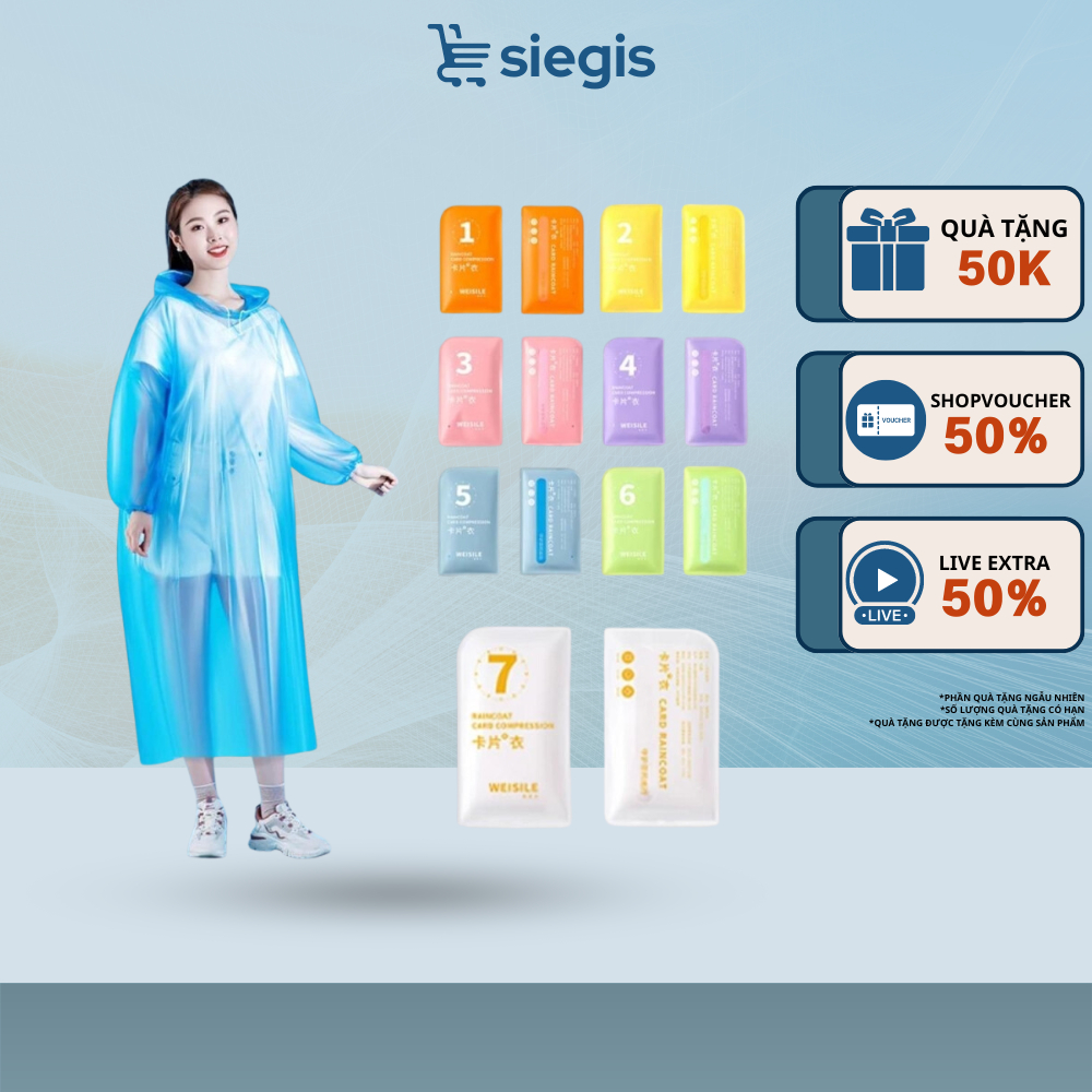 Set 7 Áo Mưa SIEGIS Dùng 1 Lần Có Mũ Trùm Dày Dặn Màu Trơn Nhỏ Gọn Mang Theo Tiện Lợi
