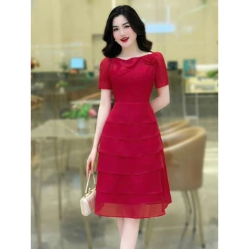 Váy thiết kế cổ tròn, ngắn tay dáng dài eo xếp li che khuyết điểm bụng to xẻ tà gấu, váy đầm dự tiệc b18