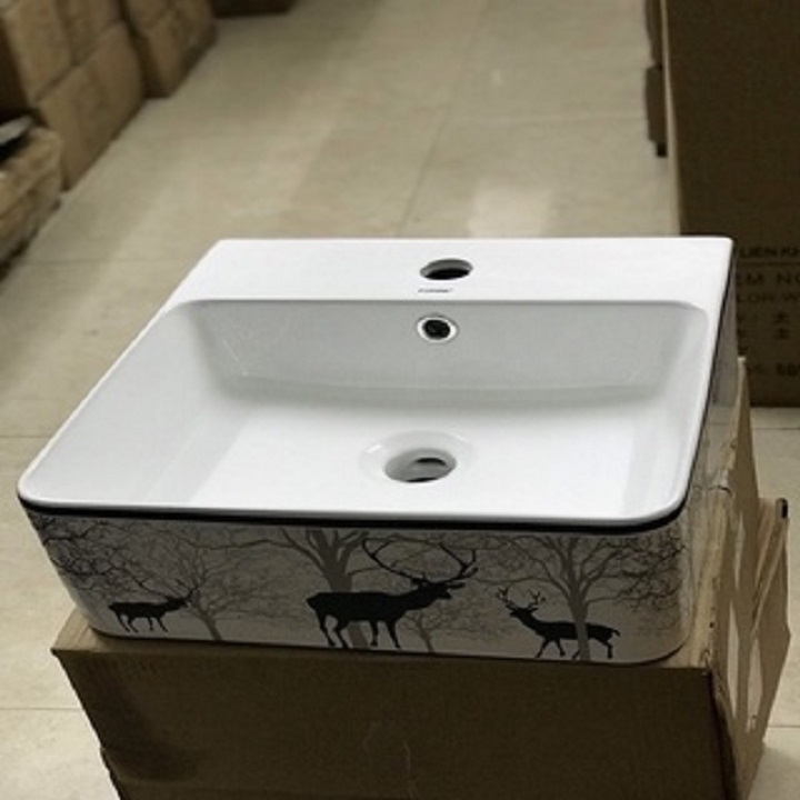 Chậu lavabo Chậu rửa mặt lavabo hoa văn TREO TƯỜNG hay Đặt Bàn Đá VUÔNG CON HƯƠU TREO TƯỜNG,men NANO