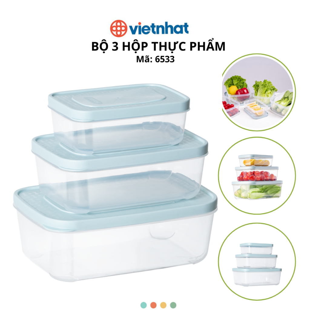 Bộ 3 hộp đựng thực phẩm chữ nhật Hokori, Hộp bảo quản đồ tươi, đồ khô Chính Hãng Việt Nhật (mã 6533)
