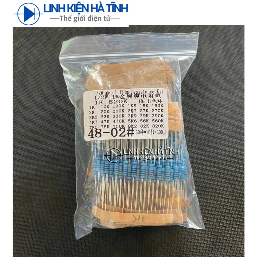 Gói điện trở 1/2W, độ chính xác 1% giá trị 1K đến 820K, 30 loại, mỗi loại 10 cái
