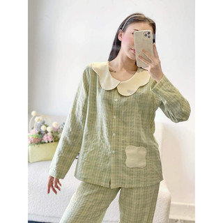 𝗛𝗮̀𝗻𝗴 𝗰𝗵𝗶́𝗻𝗵 𝗵𝗮̃𝗻𝗴 Set Đồ ngủ Pyjama kẻ Trudy cổ hoa form rộng xinh xắn O.N WORSKHOP
