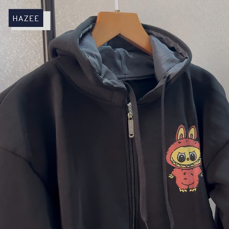 Áo hoodie nỉ bông nữ họa tiết in hình tay bồng form rộng unisex HAZEE chất liểu nỉ bông dày dặn