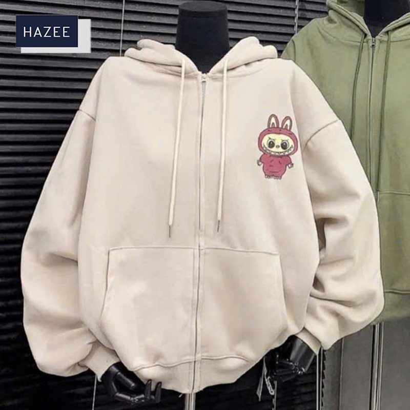 Áo hoodie nỉ bông nữ họa tiết in hình tay bồng form rộng unisex HAZEE chất liểu nỉ bông dày dặn
