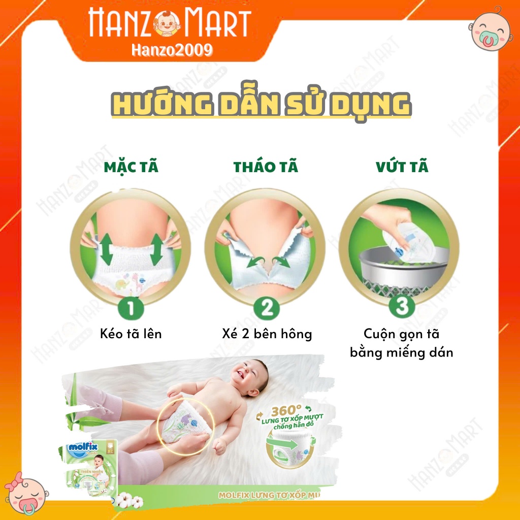 Tã Bỉm Molfix Thiên nhiên Ultra Cộng Miếng quần / dán đủ size NB74/S88/M82/L76/XL70/XXL64