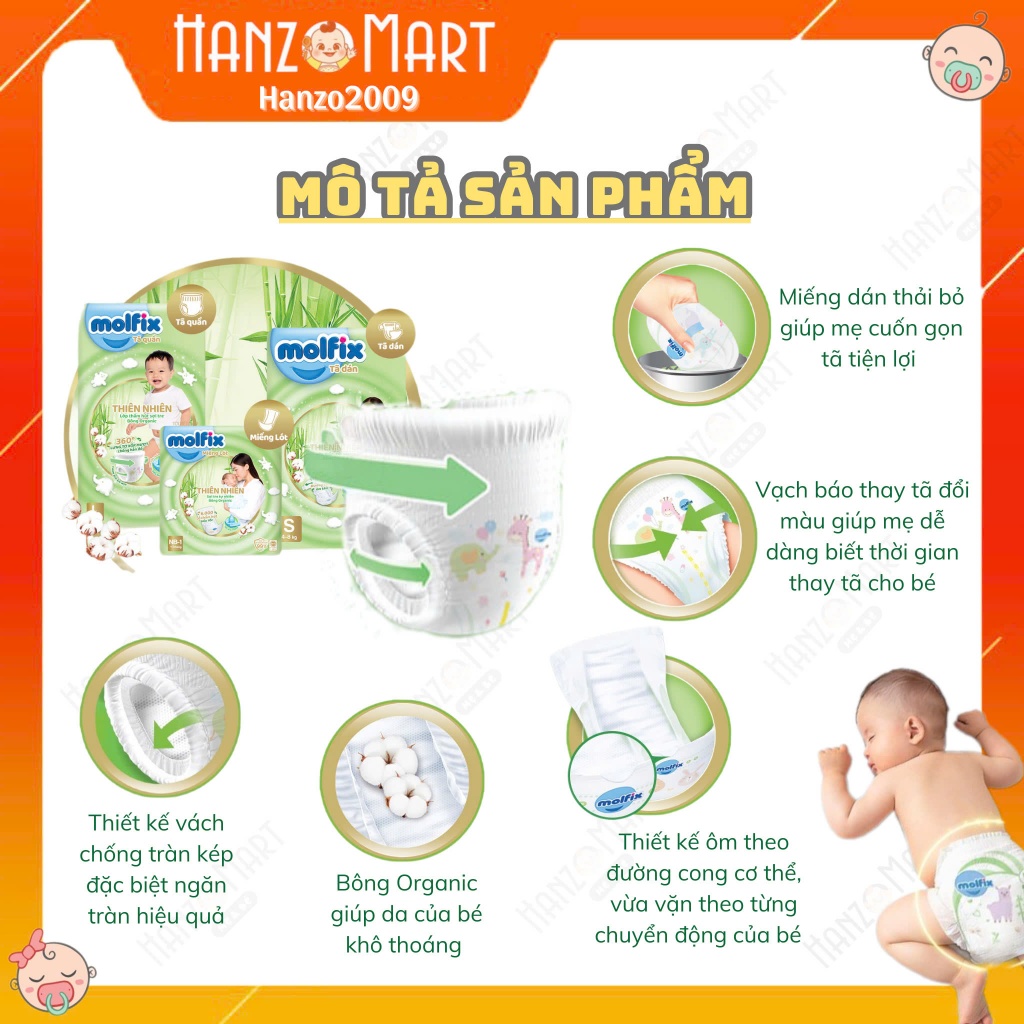 Tã Bỉm Molfix Thiên nhiên Ultra Cộng Miếng quần / dán đủ size NB74/S88/M82/L76/XL70/XXL64