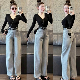 Quần jean bò ống rộng suông xuông nữ jeans cạp cao thê Tym phong cách Hàn Quốc - Lưng Cao, Women