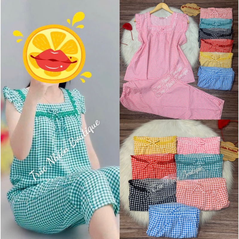Bộ lửng lụa 7 tấc lụa hàn chấm bi caro có 2 túi xéo phom 40-73kg - B88