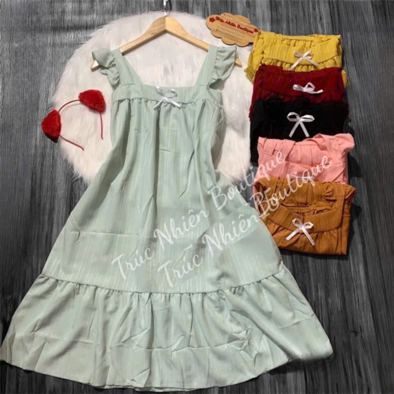 Đầm, váy ngủ tay cánh tiên mặc nhà mặc ngủ vải xốp gân