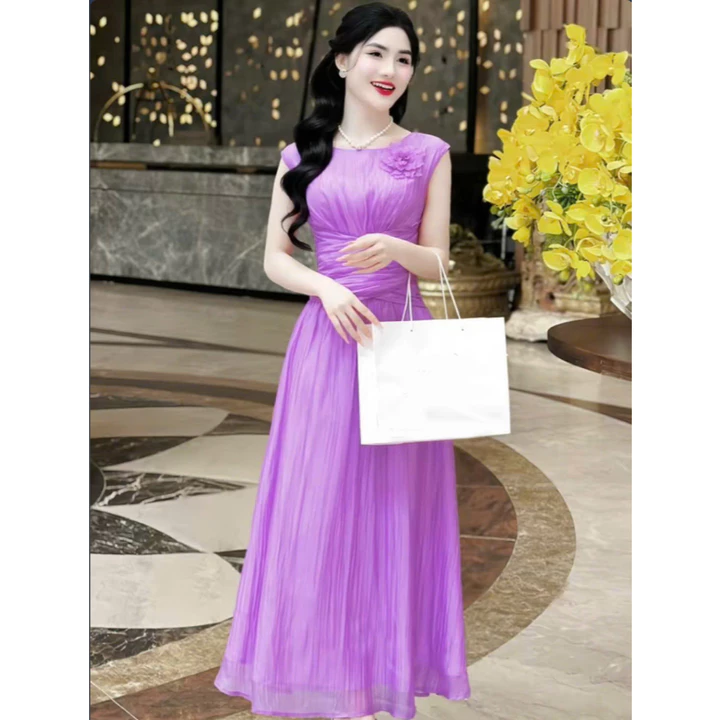 Váy thiết kế cổ tròn, ngắn tay dáng dài eo xếp li che khuyết điểm bụng to xẻ tà gấu, váy đầm dự tiệc b27