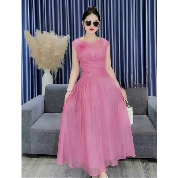 Váy thiết kế cổ tròn, ngắn tay dáng dài eo xếp li che khuyết điểm bụng to xẻ tà gấu, váy đầm dự tiệc b27
