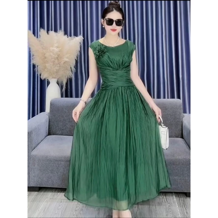 Váy thiết kế cổ tròn, ngắn tay dáng dài eo xếp li che khuyết điểm bụng to xẻ tà gấu, váy đầm dự tiệc b27