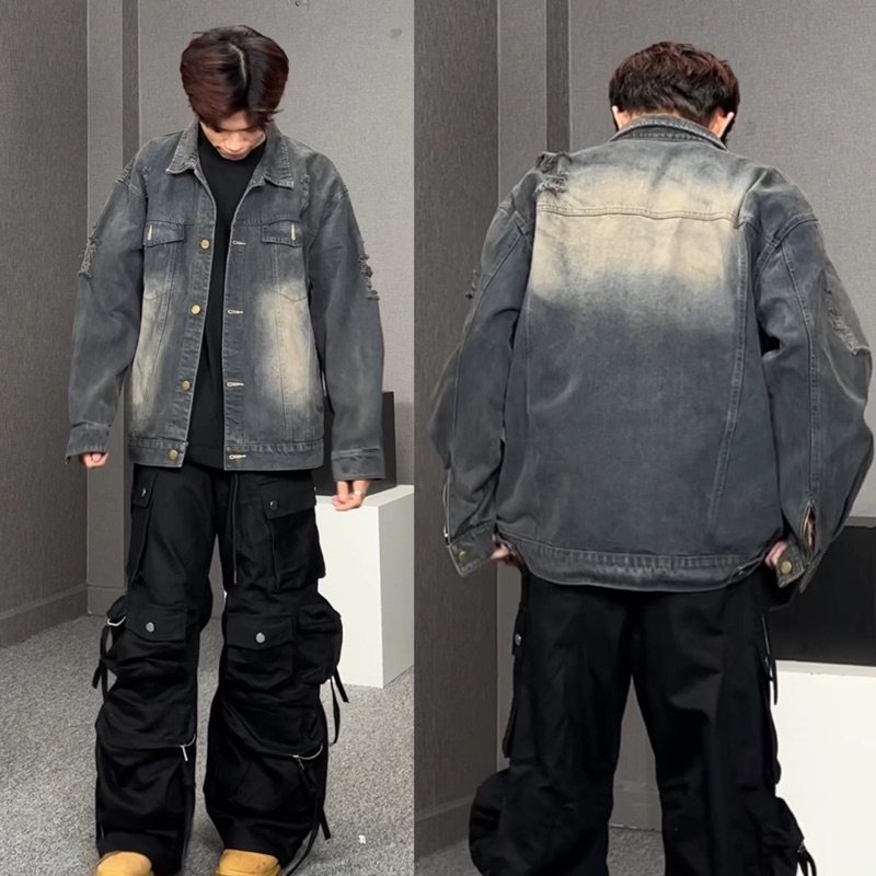 Áo Khoác Jean WAS RÁCH PHỐI ZIP TAY Có Túi Trong Form Rộng Unisex Nam ...