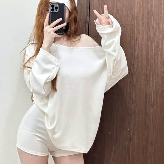 Set Áo Lệch Vai Basic Kèm Quần Short, Áo Thun Trễ Vai Dài Tay Form Rộng ...