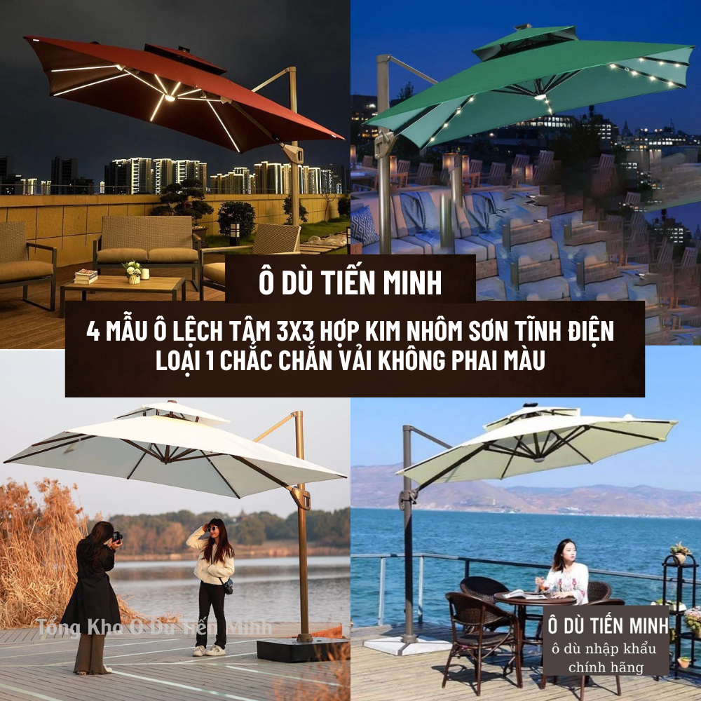 4 Mẫu Ô Lệch Tâm Tròn Hợp Kim sơn tĩnh điện  Xoay 360 loại 3mx3m Nhập Khẩu cao cấp Đế Nhựa Đổ Nước Và Đế Inox