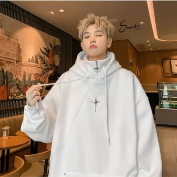 Áo hoodie nam nữ cổ cao dáng rộng chữ thập tháo rời trước ngực, áo nỉ hoodie Retro Mỹ,áo khoác hoodie zip SANVADIO AN656