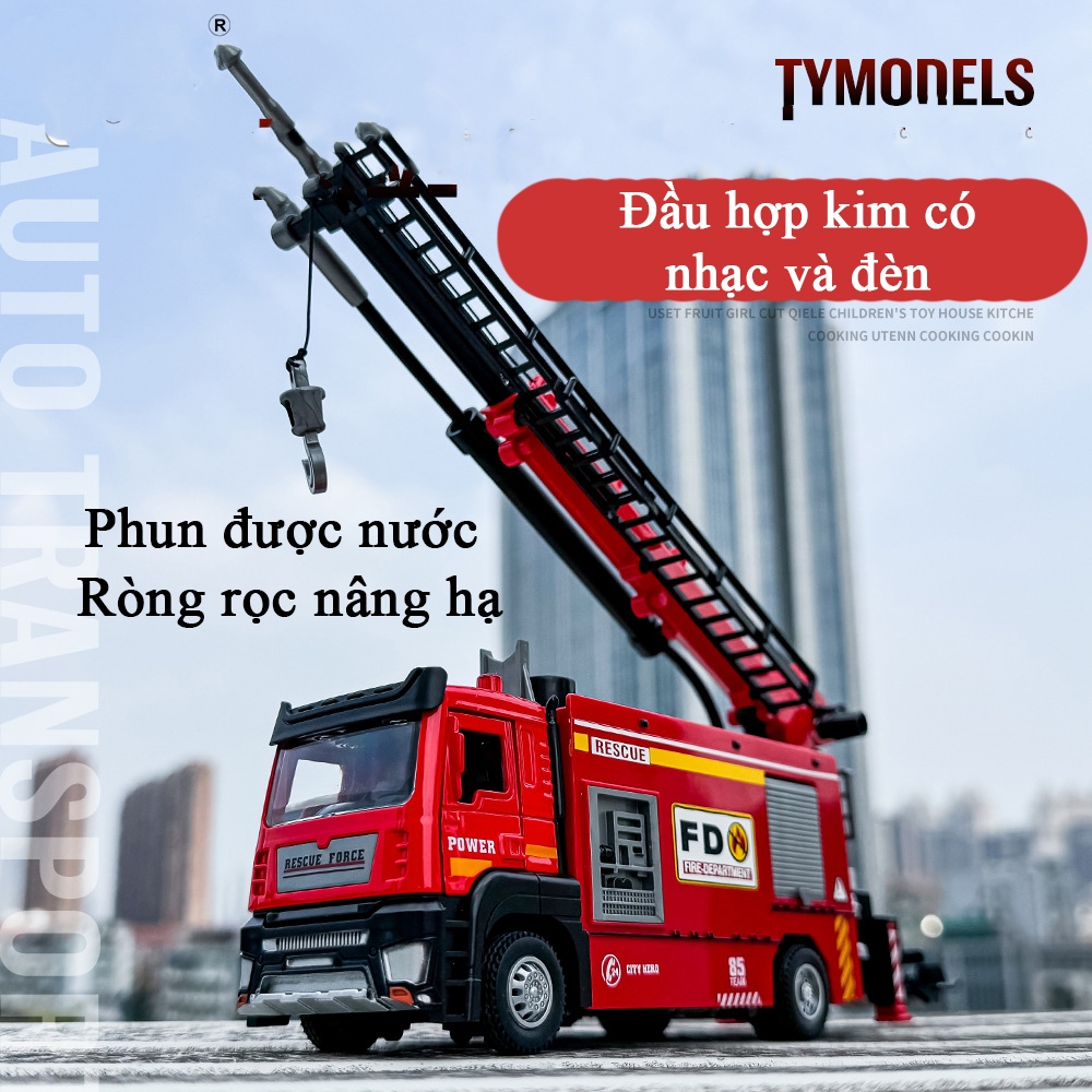 Đồ chơi xe cứu hoả phun được nước bằng hợp kim có nhạc đèn kèm ròng rọc ...