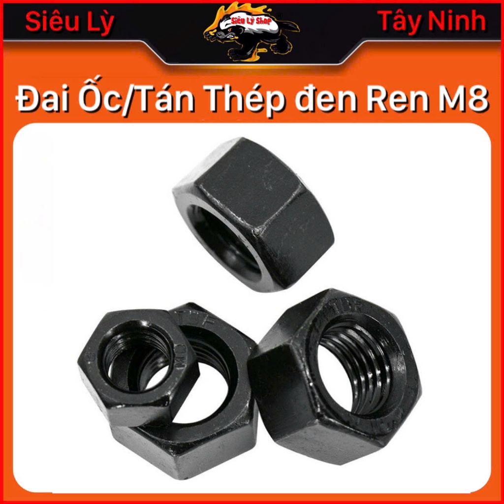Set 10 con Đai ốc - Tán thép màu Đen - REN M8*1.25mm (đk ren 8mm, bước ...
