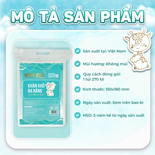 Combo 03 túi khăn vải khô đa năng Happy Kids túi 270 tờ không mùi