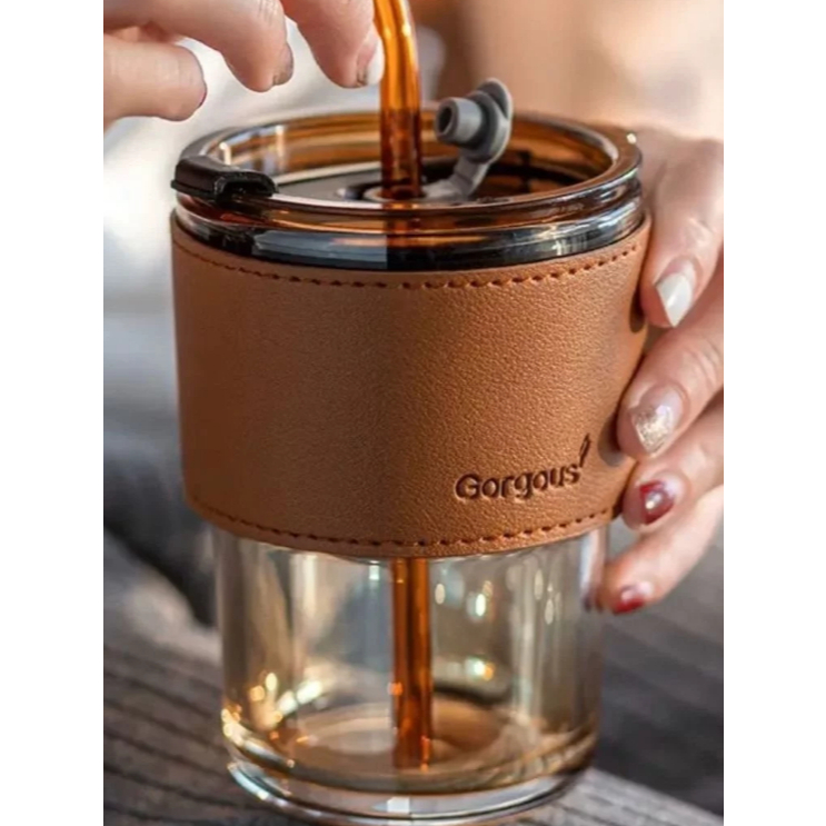 Cốc giữ nhiệt thủy tinh Gorgous 450ML kèm bao da chống nóng có ống hút sang chảnh uống sữa trà cafe