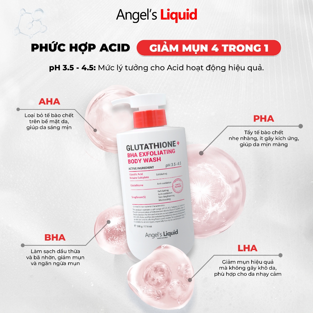 Ảnh Sữa Tắm Giảm Mụn, Dịu Ẩm Làn Da Angel's Liquid Glutathione + BHA Exfoliating Body Wash 500ML 2