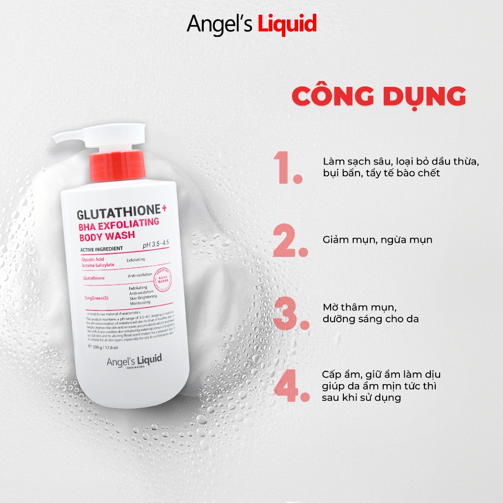 Ảnh Sữa Tắm Giảm Mụn, Dịu Ẩm Làn Da Angel's Liquid Glutathione + BHA Exfoliating Body Wash 500ML 4