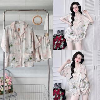 Đồ Bộ Pijama Nữ Form Rộng MiLi – Lụa Latin Cao Cấp, Áo Cánh Dơi, Quần Đùi Có Túi, Họa Tiết Loang Rừng, Đồ Ngủ Xinh
