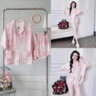 Đồ Bộ Pijama Nữ Form Rộng MiLi – Lụa Latin Cao Cấp, Áo Cánh Dơi, Quần Đùi Có Túi, Họa Tiết Loang Rừng, Đồ Ngủ Xinh
