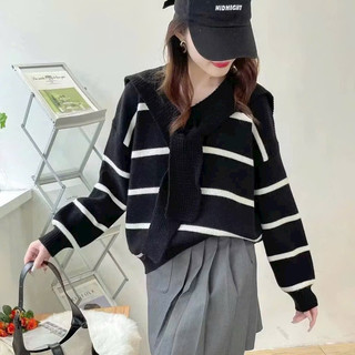 Áo len nữ dài tay thu đông, len kẻ ngang cổ thuỷ thủ buộc khăn siêu xinh, kiểu vintage 668